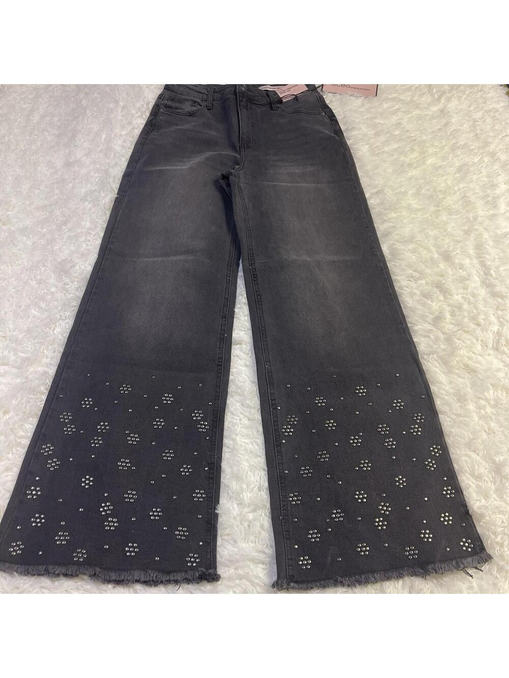 BCBGeneration Woman 7/28 Black Ultra High Rise Wide Leg Jeans w/Studded Hem NWT